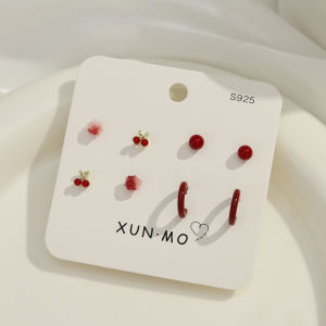 Ankela Red Silver Needle Earring Set Small Vintage Wine Red Luxury Ear Jewelry Fashionable Floral Design for Women