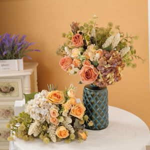 Retro Hand-Tied Flower Bouquet Luxury Living Room Decoration Fake Flower Arrangement Photography Prop Mixed Roses TV Cabinet