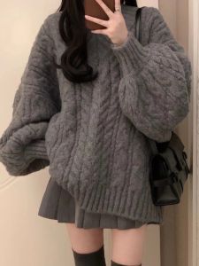 Gray Cable Stitch V-neck Sweater Female Fall and Winter 2023 New Arrival Best Selling Mid-Length Sweater Skirt Idle Style Loose Tops