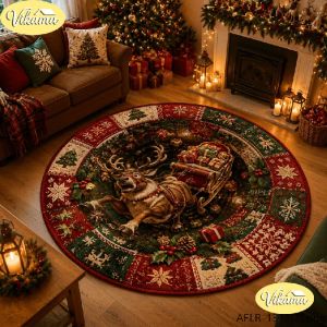 Thảm Giáng Sinh Hình Tròn Lớn VIKAMA Với Họa Tiết Cây Tuần Lộc Và Đèn Lồng Chất Liệu Polyester Cao Cấp Chống Trơn Trượt Chống Thấm Nước Trang Trí Nhà Cửa Trong Nhà Cho Phòng Khách