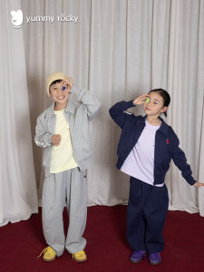 YummyRocky Health Cotton Color Block Magic Tape A-Class Sports Jacket Banana Sweatpants Casual Cotton Polyester Blend for Kids