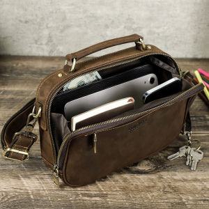 CONTACTS Men Sling Shoulder Bags Genuine Leather Crossbody Bags Vintage Messenger Bags Mens Bags Handbags for 8.3 iPad Mini