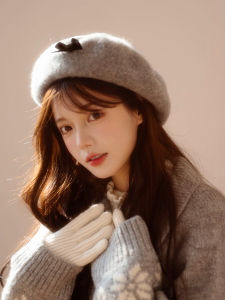 K-style Pure Wool Beret Girls Sweet Artistic Bows Painter Cap Fall and Winter Big Hat Top Woolen Beret