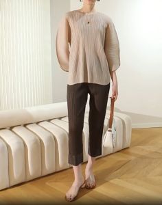 Miyakeกางเกงจับจีบผู้หญิงผู้หญิงเอวสูงกางเกงสีฟ้าหลวมกางเกงขายาวทรงตรงรัดรูปตัดข้อเท้าความยาวกางเกง