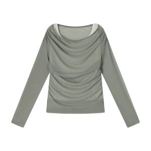 YUEZHONGWEI | Color Block Mesh Long Sleeve T-Shirt Womens Summer Thin Style Slimming Shoulder Bared Top Korean Style Commute Pure Color