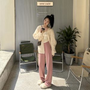 Xiaoyujia Yuu Fall and Winter Creamy-white Chenille Corduroy Wide-Leg Pants Female High Waist Drooping Straight Mopping Pants