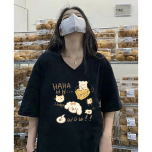 Áo Thun Cotton American Oversize Cổ Chữ V Tay Ngắn Mùa Hè Cho Nữ Cỡ Lớn Dáng Rộng Thoải Mái Phong Cách Hàn Quốc