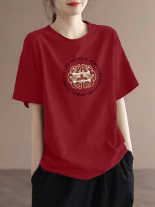 New 2025 Womens Loose Fit Cotton T-Shirt Short Sleeve Slimming Belly Covering Shoulder Appropriate Red Summer Top