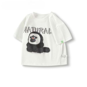 เสื้อยืด Balabala Boys เสื้อแขนสั้นสำหรับเด็กหญิงเสื้อตัวใหญ่แห้งเร็วเด็กแขนสามส่วนสไตล์การ์ตูนสำหรับเด็กทารก2025