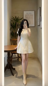 Đầm tiểu thư xinh Váy đầm nữ đi tiệc thời trang Hottrend dáng ngắn xoè Ren hoa xịn đính nơ to