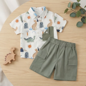 Baby Boys Clothes Set Toddler 0‑5Y Dinosaur Print Lapel Short‑Sleeve Shirt Olive Green Cargo Shorts Kids Boys Button‑Down Loose‑Fit Children Casual Play Outfit