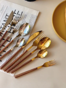 Korean Style Tableware Imitation Wood Handle Spoon Fork Coffee Spoon and Fork Cutlery Set Stainless Steel Spoon Fork Set