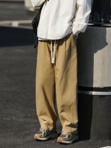 Mens Pure Cotton Straight Leg Casual Pants Spring Autumn Solid Color Sporty Loose Fit Workwear Trousers Trendy Youth Style