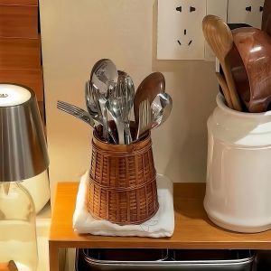 Handmade Bamboo Woven Kitchen Fork Spoon Storage Basket Home Dining Utensils Box Drainage Chopsticks Holder Cartoon Shape