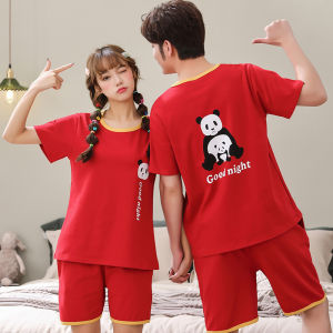 Pure Cotton Couple Sleepwear Set Summer Short Sleeve Cartoon Printed T-shirt and Shorts Lightweight Comfortable Homewear for Men and Women