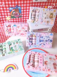 Hộp 10 washi tape và 10 giấy dán sticker dán khủng long thỏ kỳ lân ảo giác trang trí sổ tay làm quà tặng cute