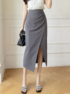 Gray Business Suit Skirt Womens Summer High Waist Slim Looking Mid Length Long Length Irregular Slit A- line Sheath Skirt