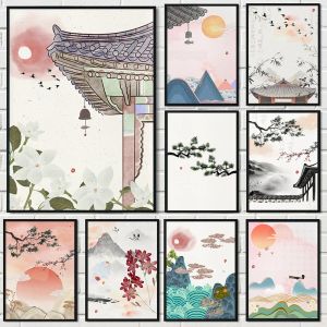 Watercolor Asian Korean Culture Architecture Nature Landscape Poster Canvas Painting Wall Art Pictures Living Room Home Decor
