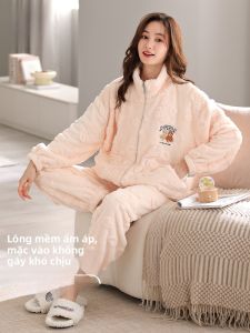 MiiOW | Bộ đồ ngủ lông cừu dày hai mặt bằng vải Flannel cho nữ MiiOW mùa đông 2024 Áo khoác ngoài thoải mái ngọt ngào dài tay quần dài