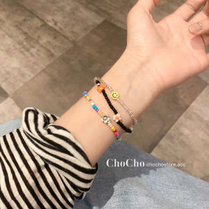 Chocho Colorful Beaded Bracelet Smile Face Flower Dopaamine Stackable Bestie Womens Jewelry Fashion Korean Style Floral Pattern