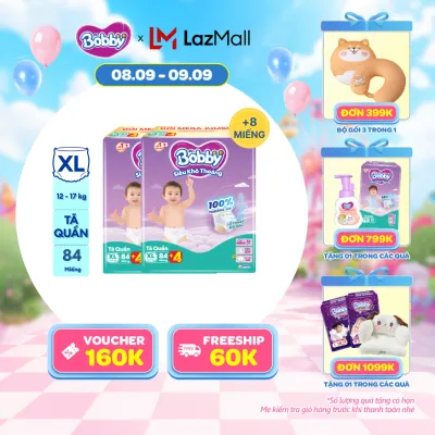 [TẶNG THÊM 16 MIẾNG] Combo 2 Tã/bỉm quần Bobby 3mm Mega Jumbo Gạo non Giảm nhiệt XL84