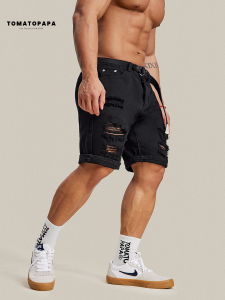 Quần Short Thể Thao Nam TOMATOPAPA Mùa Hè 2023 Quần Short Denim Cotton Mềm Mại Quần Short Nam Thời Trang Quần Short Rách Quần Short Ống Đứng