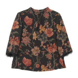 Autumn Winter Ladies Silk Top Fragrant Cloud Silk Traditional Chinese Style round Neck Seven Sleeve Straight Cut Floral Print