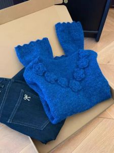 Elegant Blue Long Sleeve Womens Sweater with 3D Flower Design Slim Fit Fashionable Winter Top Versatile Commute Style