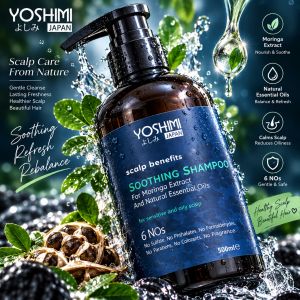 YOSHIMI MORINGA SOOTHING SHAMPOO 500 ML scalp benefits with Moringa Extract Oils and Natural Essential Oils.