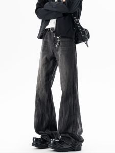 OULUDE | Washed Denim Jeans With Lightning Pattern Loose Fit Mens