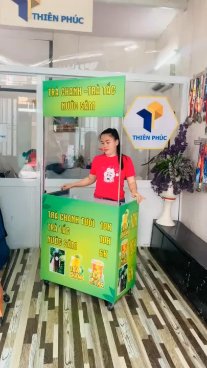 Quầy bán trà chanh gấp gọn có bánh xe kích thước 80cm - khung sắt căng bạt 2 ngăn để đồ