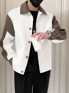 Fall Season Color Block Mens Jacket Trendy Korean Style Youthful Populaire Long Sleeve Shirt Casual Outerwear Coat