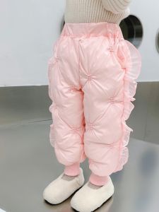 Thickened Embroidered Ruffle Cotton Pants for Girls Winter Warm Trousers Little Girl Sweet Style Fleece Lined Winter Fashion