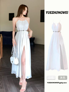 Váy Trắng Không Tay Khoét Rỗng Cổ Treo Kiểu Pháp Mùa Hè Mới Váy Dài Xếp Ly Cạp Cao Đi Biển Váy Chữ a Cho Nữ