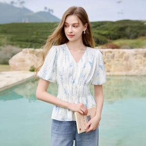 XIANGYING | Romantic Ruffled Puffy Sleeves V-Neck Fitted at Waist French Style Shirt