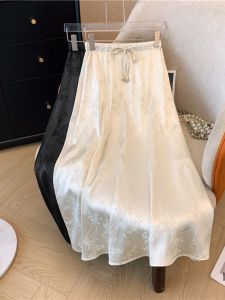 New Chinese Jacquard Drawstring High Waist Skirt Womens Summer Plus Size Fat Sister Drape Beautiful Slim Looking National Style Skirt