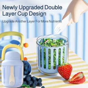 Portable Food Grade Fruit Cup With Fork Lightweight Salad Box Light Food Fat Loss Double Drainage Crisper Leak-proof Travel Cup