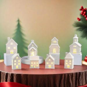 Mini White Glazed Ceramic Christmas Home Decoration Christmas Crafts LED Luminous Hollow House Creative Desktop Decoration