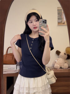 เสื้อยืดแขนสั้นผู้หญิงสไตล์เกาหลีฤดูร้อนปี 2025 ทรงเข้ารูป คอตั้ง สไตล์เกาหลี แขนสั้น ความยาวปกติ ผ้าฝ้ายผสมโพลีเอสเตอร์