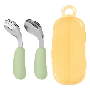 Color Kids 2PCS Silicone Self Feeding Set Stainless Steel Spoon Fork Grip Trainer BPA Free Infant Essentials Baby Newborn Items