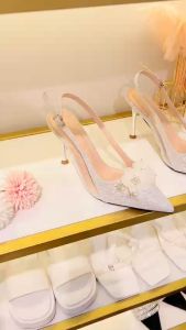 Giày cao gót max 2 hoa HALEY STORE gót 9cm đính hoa đá xoàn phale quai trong mũi nhọn khóa cài đi chơi đi tiệc đi làm