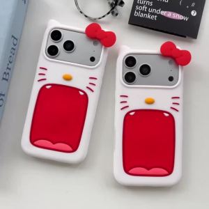 Sanrio | Kawaii 3D Big Mouth Hello Kitty Phone Case For iPhone 17 16 Pro Max 16Plus Soft Silicone iPhone 17 16 Pro Shockproof Back Cover