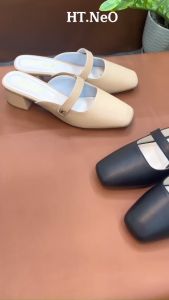Giày Sục Nữ Mũi Tròn HT.NEO Da Thật Cao Cấp Thanh Lịch Dép Guốc Nữ Đế Vuông 4 Phân Thời Trang CS13