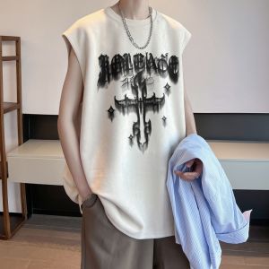 American Style Suede Fitness Sport Tank Top Men Summer Loose Heavyweight Large Size Shoulder T-Shirt round Neck Sweatback