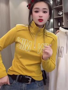 Fashionable Zipper Stand Collar Base Shirt Casual Simple Commute Solid Color T-Shirt Women Spring New Style Elegant All-Match