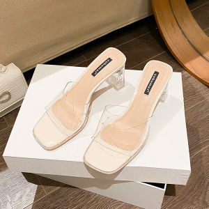 รองเท้าแตะส้นสูงแบบใสสำหรับผู้หญิง ฤดูร้อน 2025 รองเท้าแตะแบบครึ่งนิ้ว คริสตัล ทรงหัวแหลม ด้านนอก รองเท้าแตะแบบสวมสบาย