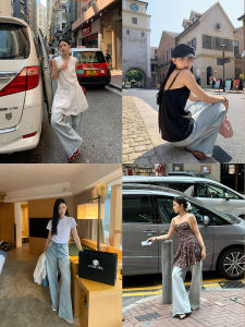 Casual High Waist Wide Leg Jeans Womens Loose Fit Floor Length Straight Cut Light Blue Denim Pants Summer Collection