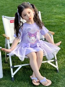 Kuromi Girls Summer Dress Short Sleeve Princess Skirt Baby Fashionable Childrens Clothing Elastic Waist Breathable Fabric