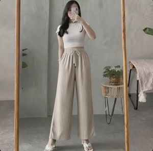 Celana stripe pants knit bagkok kulot high waist