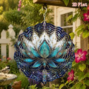 CIFbuy | 3D Elegant Blue Gold Lotus Wind Chime - 10 Inch Metal Art with 360 Hook for Garden Patio Wedding Christmas Gift